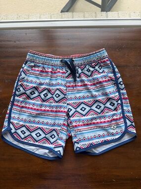 BURLEBO Navy, Red & White Geometric Swim Shorts